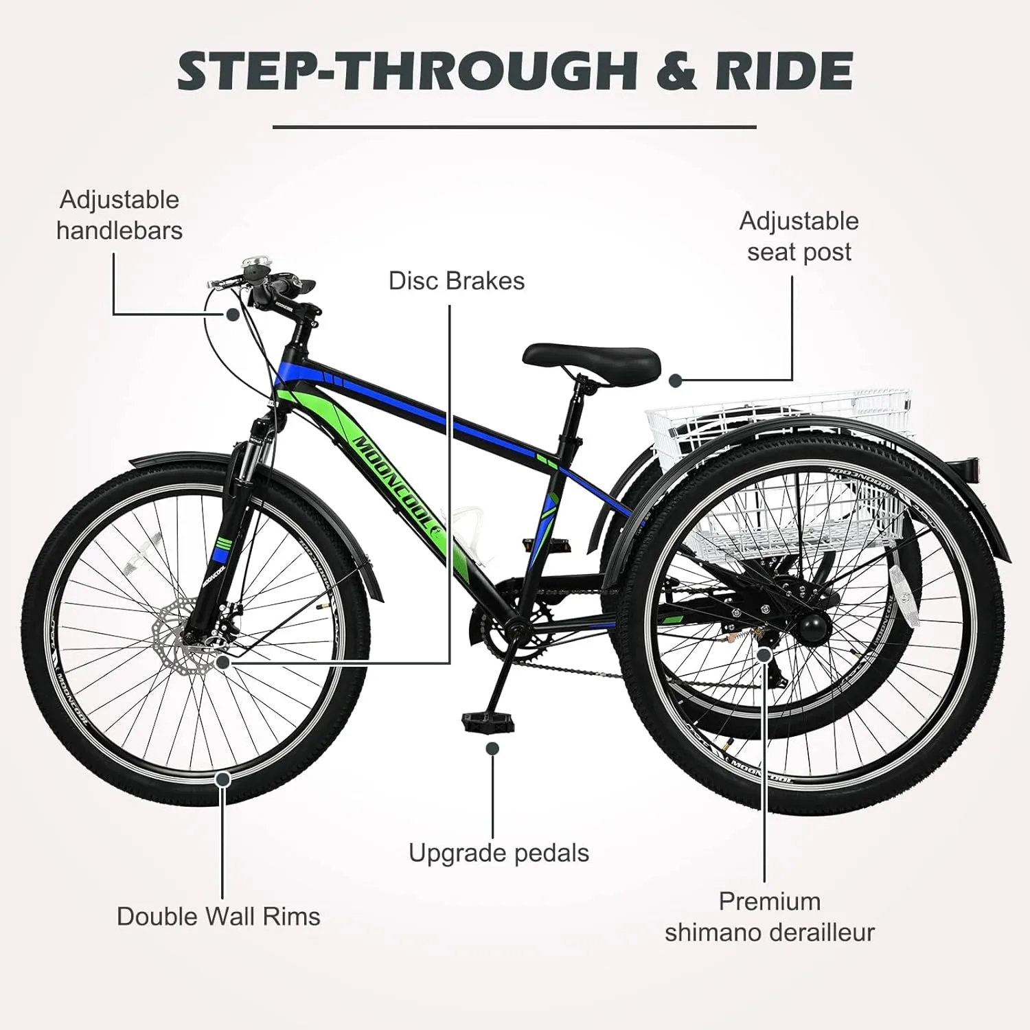 ABORON Adult Mountain Tricycle, 7-Speed 3-Wheel Mountain Bikes 24/26/27.5inch Available, Front Suspension, Disc Brake