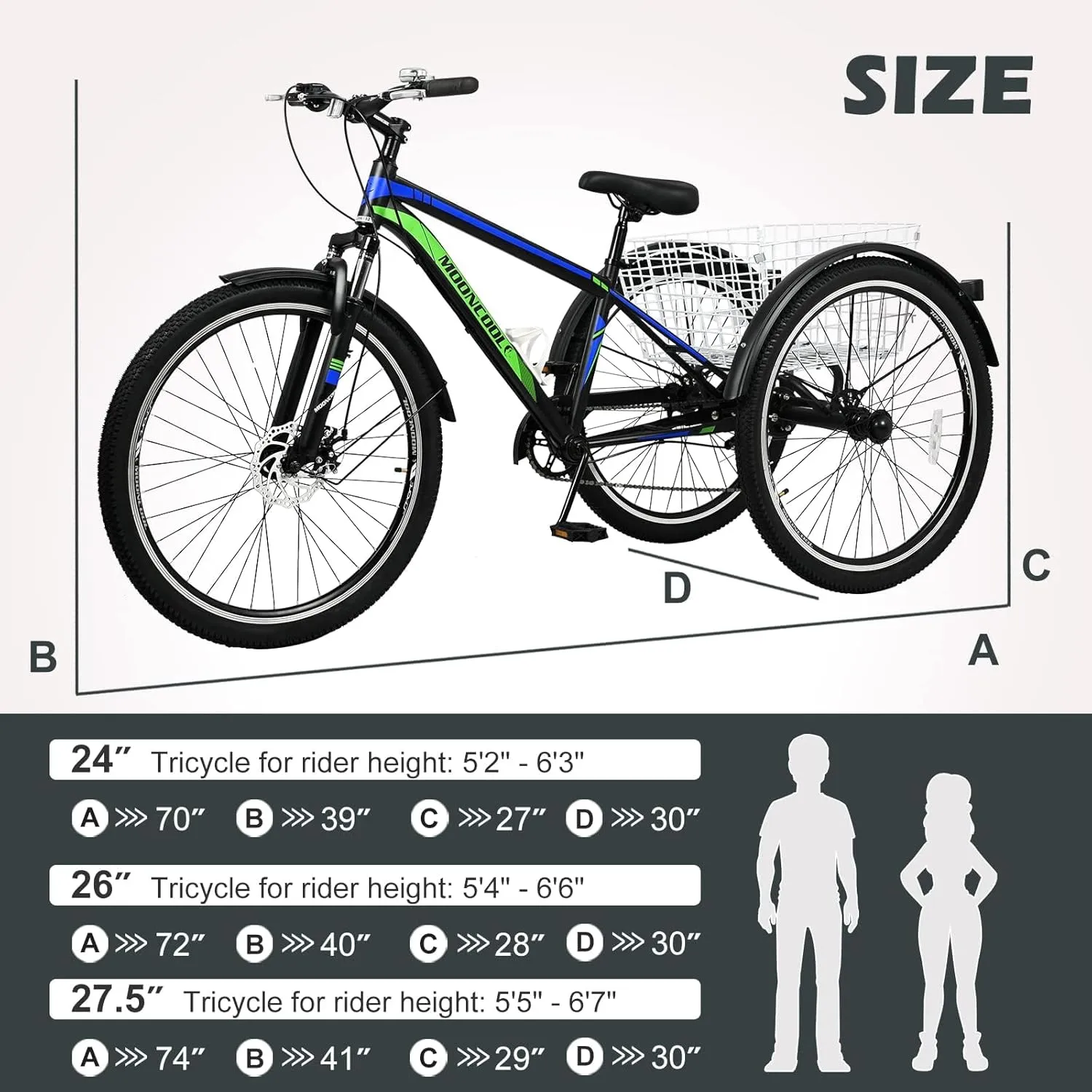 ABORON Adult Mountain Tricycle, 7-Speed 3-Wheel Mountain Bikes 24/26/27.5inch Available, Front Suspension, Disc Brake