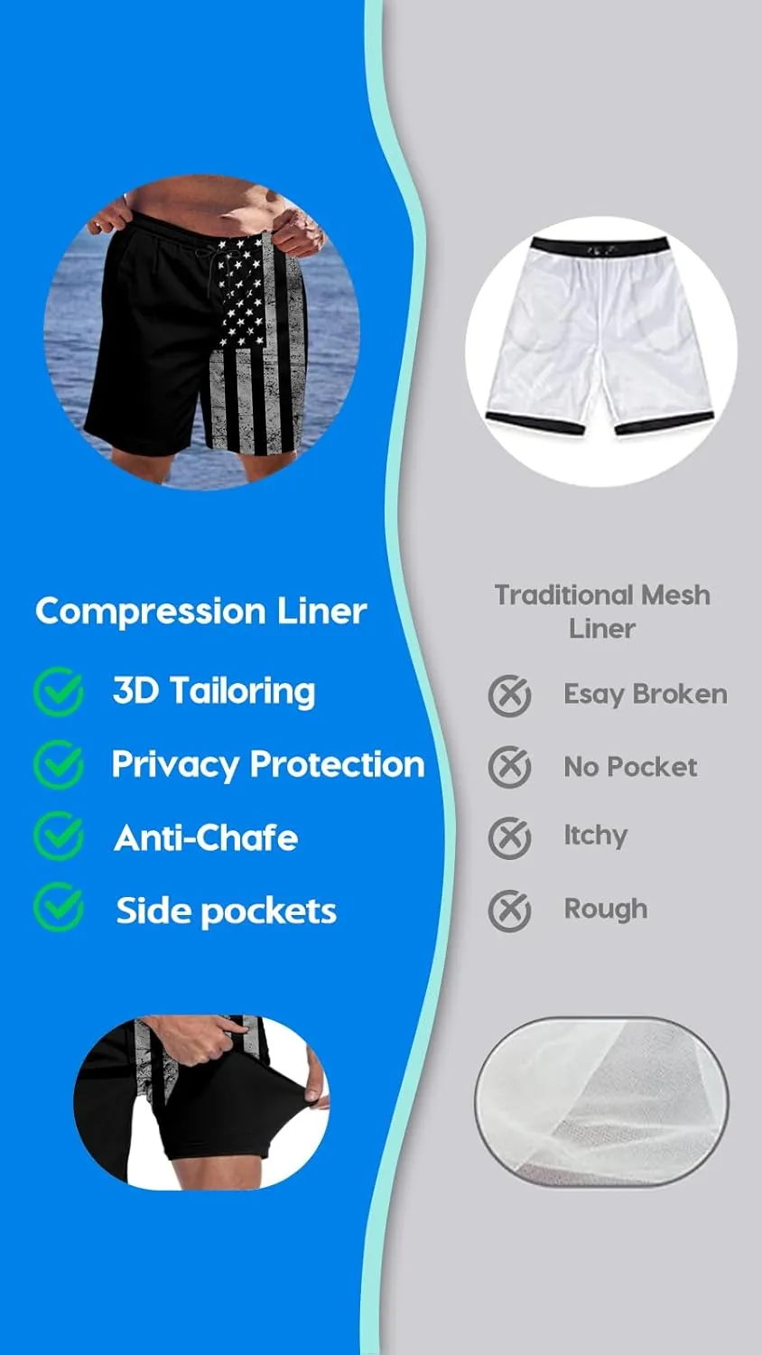 Big and Tall Men's Swim Trunk 8" with Compression Liner 8 Inch Inseam Quick Dry Board Shorts & Zipper Pocket 2XL-9XL
