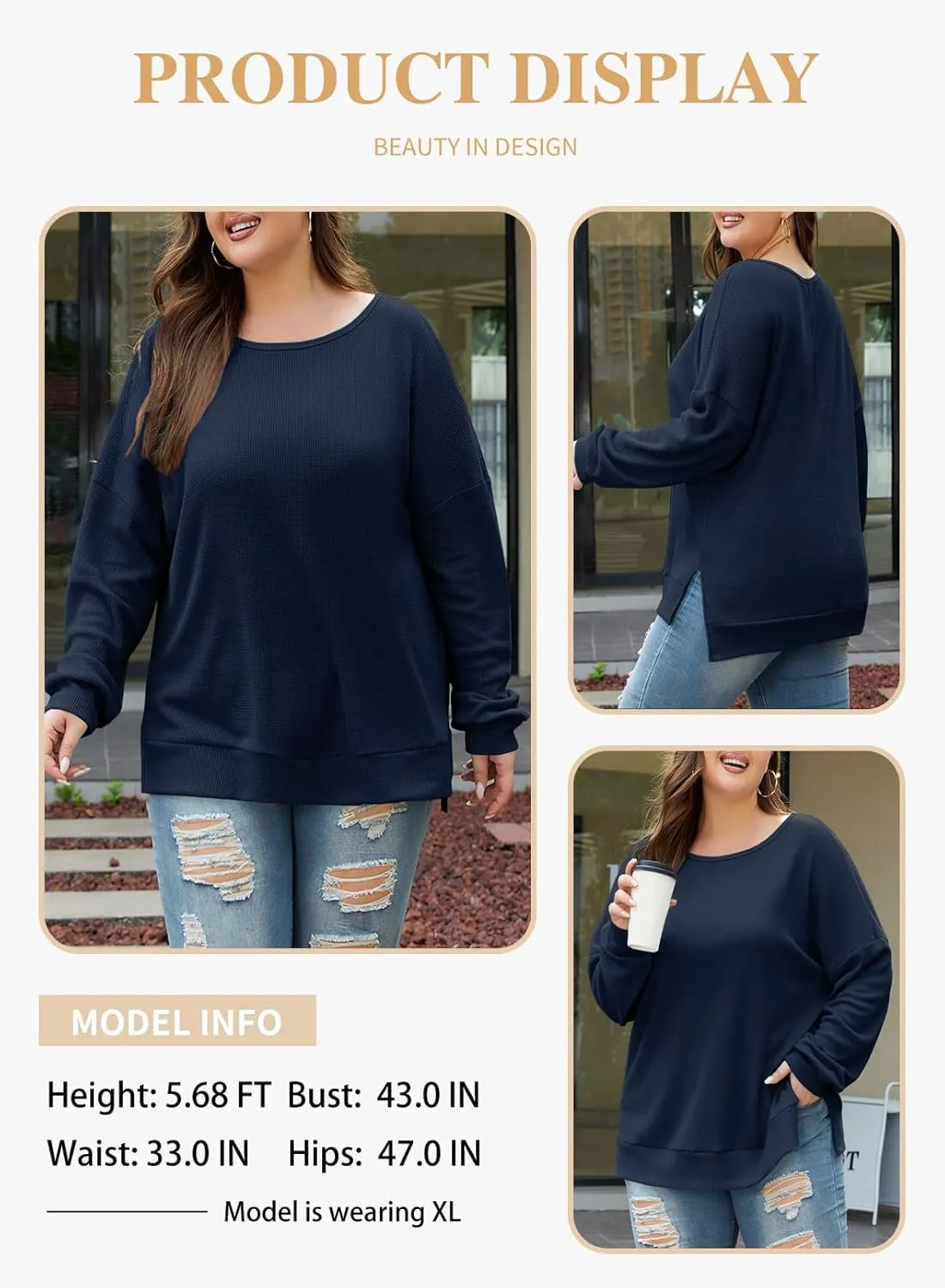 Eytino Womens Plus Size Sweatshirts Crewneck Waffle Knit Long Sleeve Side Slit Casual Pullover Sweatshirt Tops(1X-5X)