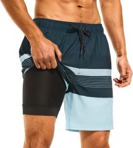 HODOSPORTS Mens Swimsuit Trunks 7" Quick-Dry Swim Shorts with Compression Liner and Zipper Pockets