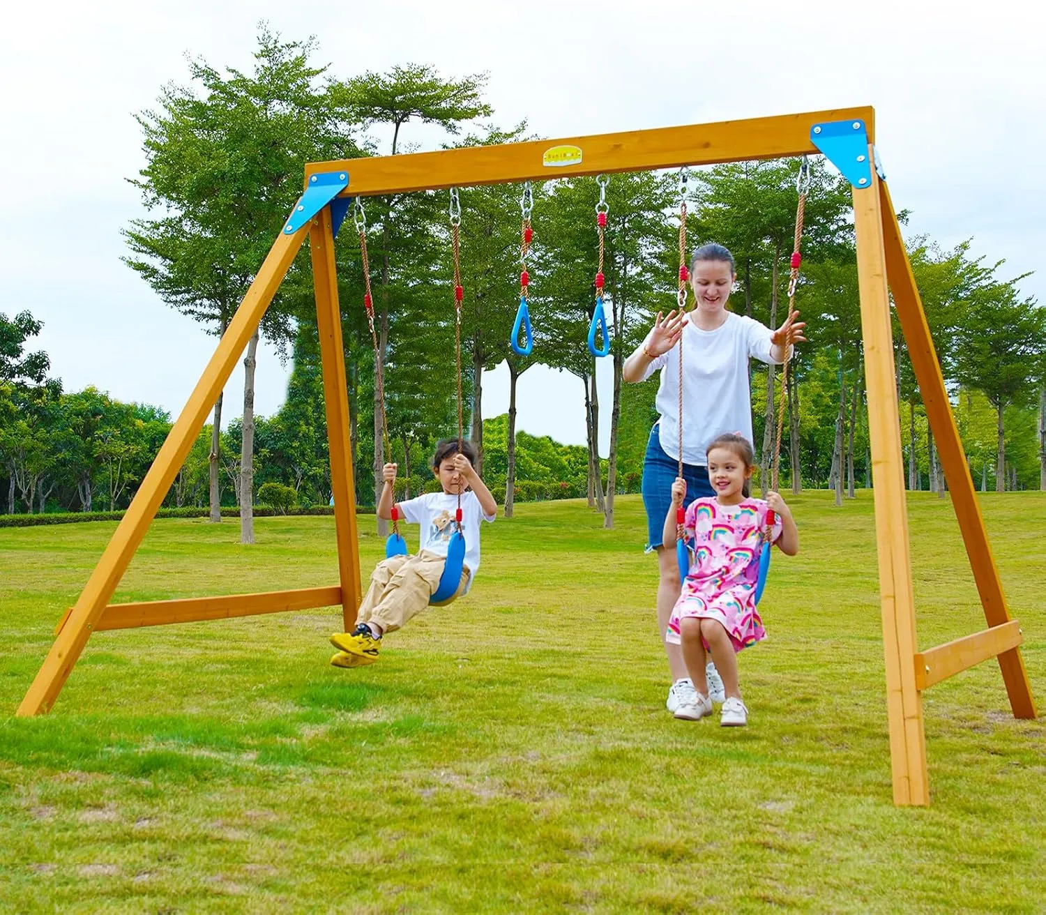 Kids Swing Sets for Backyard, Wooden Playground Sets with 2 Swings, Trapeze Swing Rings, Outdoor Playset for Children Ages 3-6, and a Family DIY Kit for Any Swings