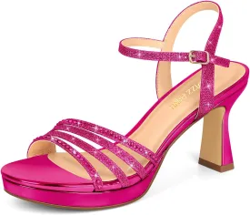 PIZZ ANNU Lena Women's Platform Heels High Block Chunky Sparkly Rhinestone Open Toe Ankle Strap Fashion Dress Pump Sandals Shoes for Party Wedding