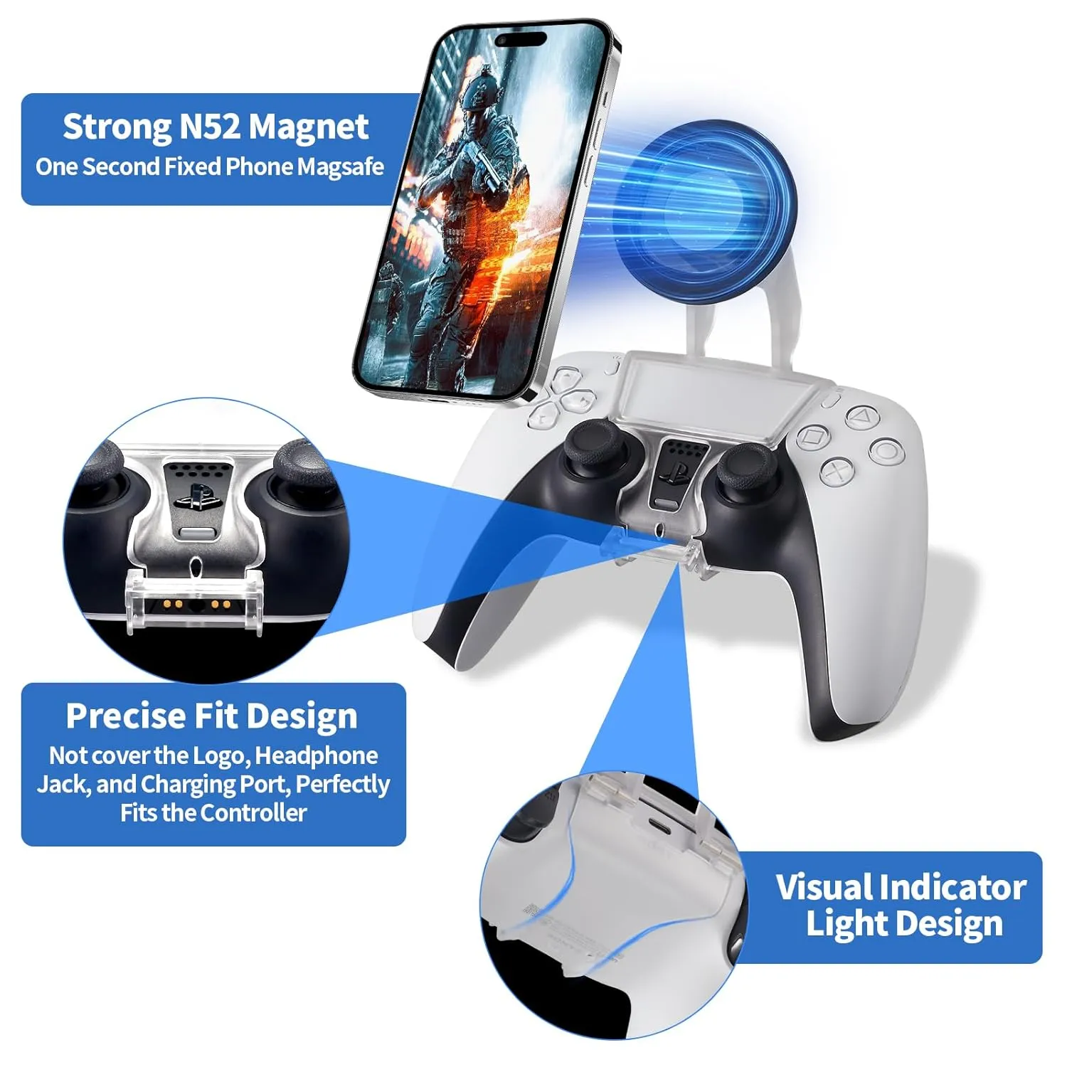 PS5 Controller Phone Mount  Adjustable Mobile Phone Holder Clip for Playstation 5 Dualsense, Magnetic Gaming Clip for iPhone & Android  Ergonomic Design, Ultra-Strong Magnets, 360 Rotation  Black