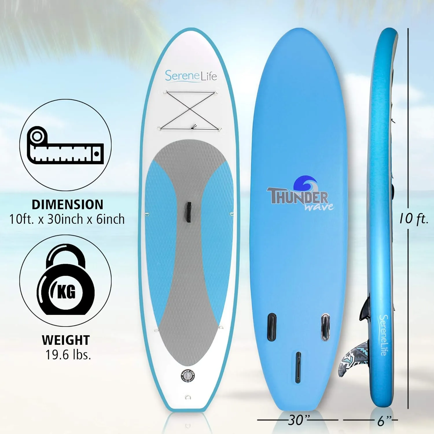 SereneLife Inflatable Stand Up Paddle Board with Premium SUP Accessories  Wide Stable Design with Non-Slip EVA Deck Pad for Adults and Youth of All Skill Levels, 350 lbs Capacity