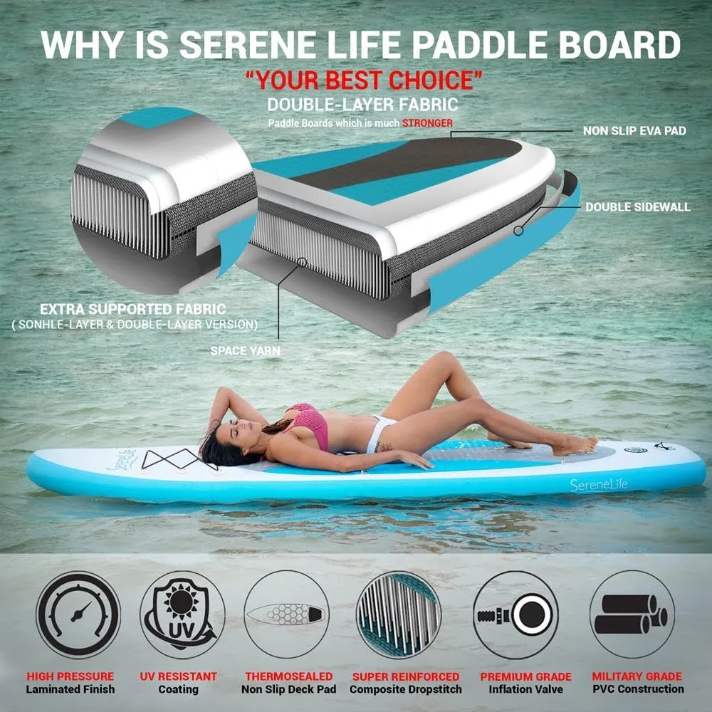 SereneLife Inflatable Stand Up Paddle Board with Premium SUP Accessories  Wide Stable Design with Non-Slip EVA Deck Pad for Adults and Youth of All Skill Levels, 350 lbs Capacity
