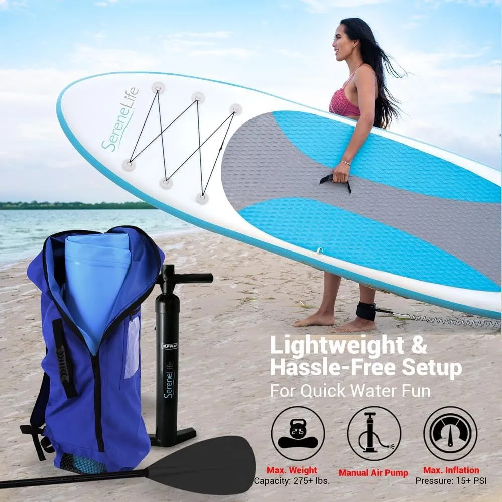 SereneLife Inflatable Stand Up Paddle Board with Premium SUP Accessories  Wide Stable Design with Non-Slip EVA Deck Pad for Adults and Youth of All Skill Levels, 350 lbs Capacity