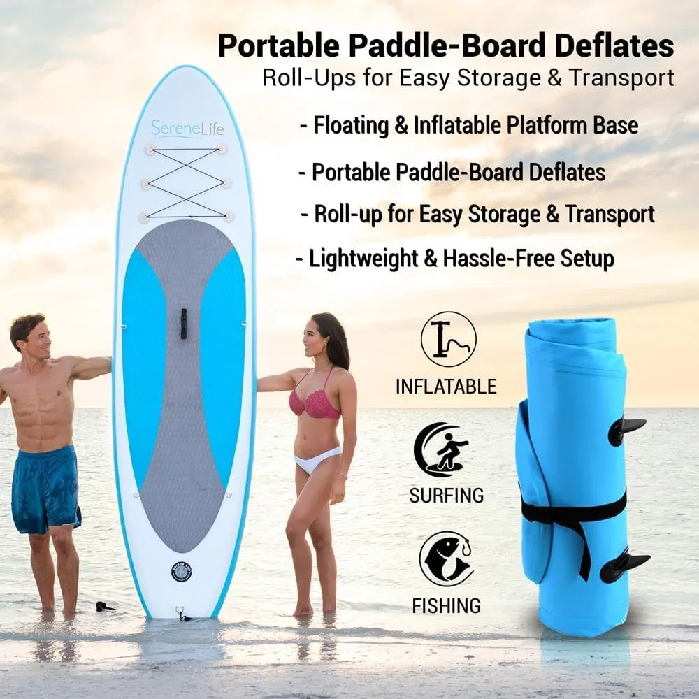 SereneLife Inflatable Stand Up Paddle Board with Premium SUP Accessories  Wide Stable Design with Non-Slip EVA Deck Pad for Adults and Youth of All Skill Levels, 350 lbs Capacity