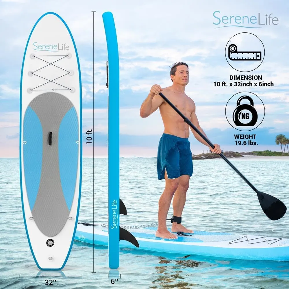 SereneLife Inflatable Stand Up Paddle Board with Premium SUP Accessories  Wide Stable Design with Non-Slip EVA Deck Pad for Adults and Youth of All Skill Levels, 350 lbs Capacity