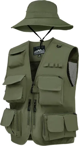 Shihanee 2 Pcs Fishing Vest and Hat for Men Multi Pocket Safari Vest Jacket for Outdoor Work Summer Travel Cargo Hunting