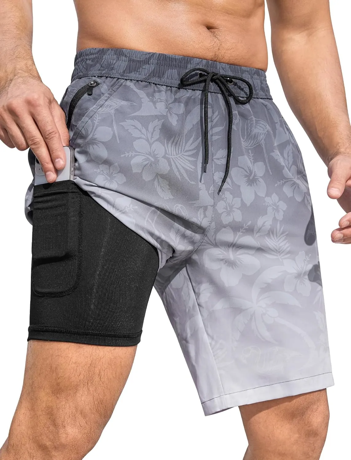 SILKWORLD Mens Swim Trunks Quick Dry Bathing Suit Board Swimming Shorts with Zipper Pockets and Compression Liner