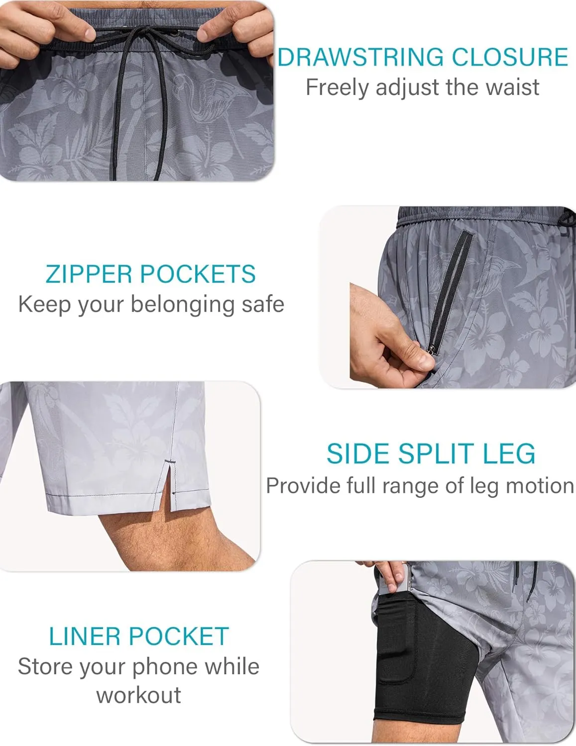 SILKWORLD Mens Swim Trunks Quick Dry Bathing Suit Board Swimming Shorts with Zipper Pockets and Compression Liner