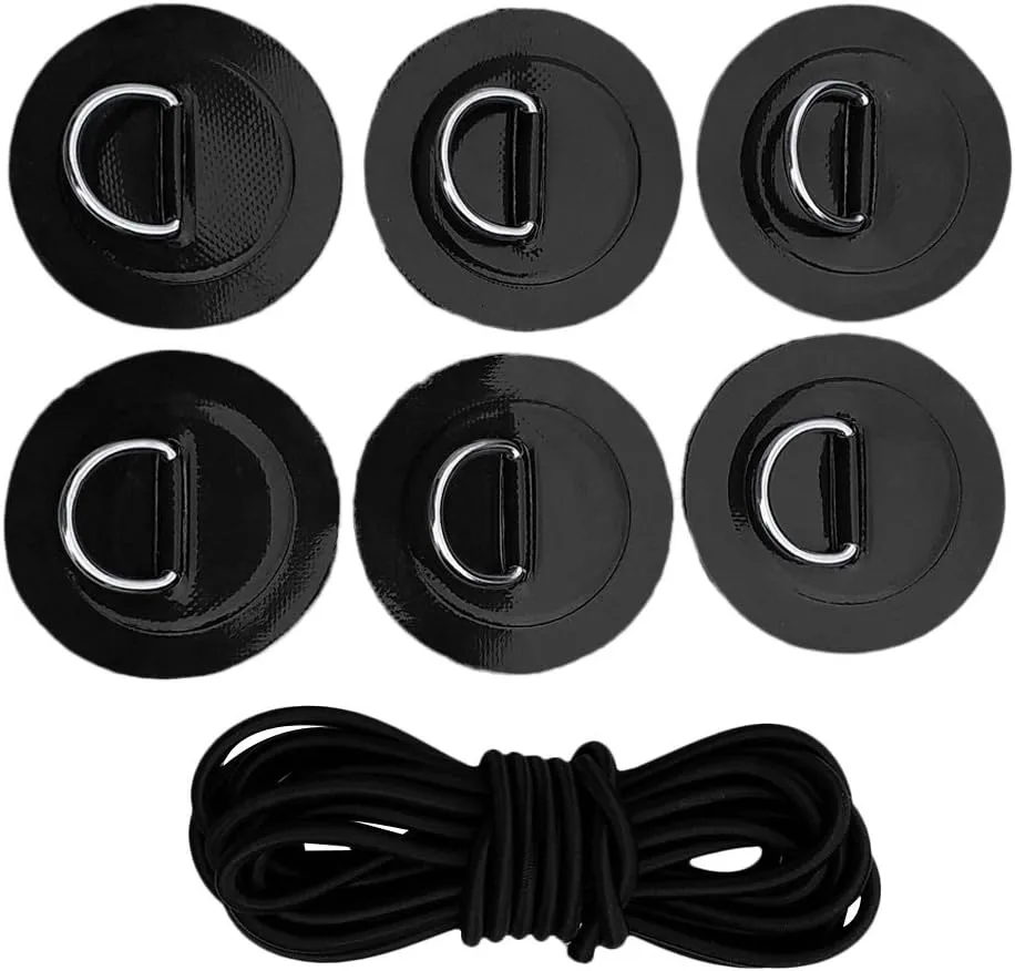Stand Up Paddleboard SUP Bungee Deck Rigging Kit Heavy Duty 6Pcs D-ring Pad Patch Deck Attachment Kit Accessories Black