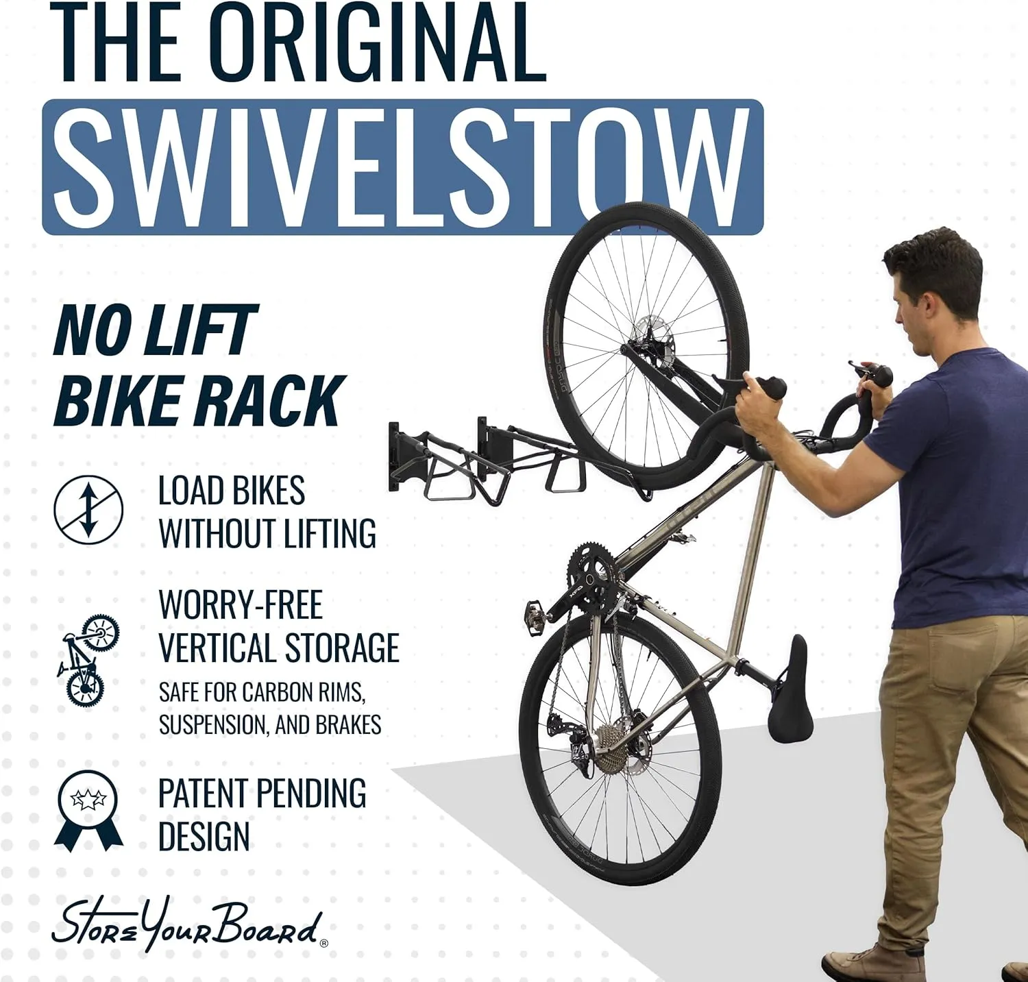 StoreYourBoard SwivelStow Mountain Bike Storage Rack 2 Pack  Heavy Duty Bike Hanger, No-Lift Bike Wall Mount for Garage Bike Storage, MTB and E-Bike, Holds 70 lbs, Patent-Pending