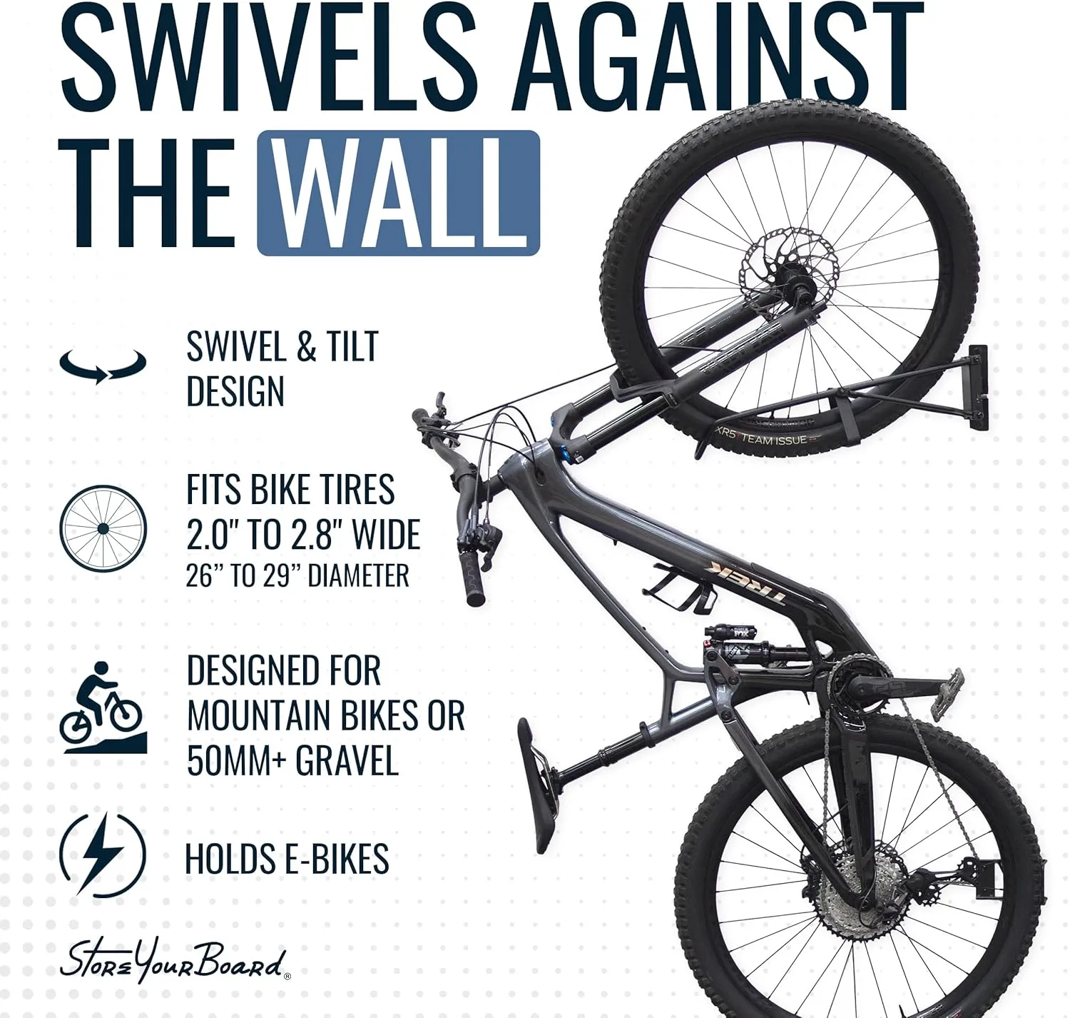 StoreYourBoard SwivelStow Mountain Bike Storage Rack 2 Pack  Heavy Duty Bike Hanger, No-Lift Bike Wall Mount for Garage Bike Storage, MTB and E-Bike, Holds 70 lbs, Patent-Pending