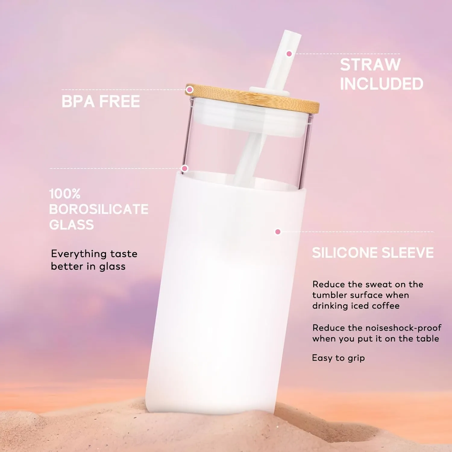 Tronco 20 oz Glass Tumbler with Lid & Straw - Iced Coffee Cup & Smoothie Cup With Silicone Sleeve | BPA-Free, Dishwasher Safe | Reusable Glass Cups with Bamboo Lids and Straws (Amber, 1 Count)