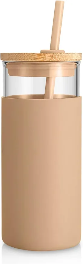 Tronco 20 oz Glass Tumbler with Lid & Straw - Iced Coffee Cup & Smoothie Cup With Silicone Sleeve | BPA-Free, Dishwasher Safe | Reusable Glass Cups with Bamboo Lids and Straws (Amber, 1 Count) Tronco 20 oz Glass Tumbler with Lid & Straw - Iced Coffee Cup & Smoothie Cup With Silicone Sleeve | BPA-Free, Dishwasher Safe | Reusable Glass Cups with Bamboo Lids and Straws (Amber, 1 Count)
