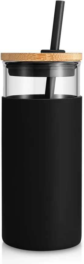 Tronco 20 oz Glass Tumbler with Lid and Straw, Reusable Iced Coffee Cup with Silicone Sleeve & Bamboo Lid, Smoothie Cup for Home, Office, for Father Men Day Gift from Wife Daughter Son (Black) Tronco 20 oz Glass Tumbler with Lid and Straw, Reusable Iced Coffee Cup with Silicone Sleeve & Bamboo Lid, Smoothie Cup for Home, Office, for Father Men Day Gift from Wife Daughter Son (Black)