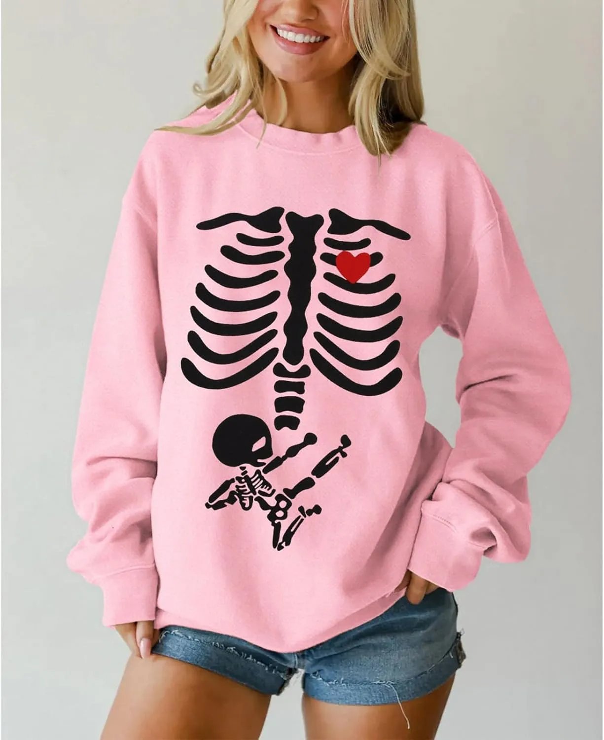 Women X-Ray Skeleton Sweatshirt Halloween Maternity Sweatshirts Crewneck Pullover Pregnancy Announcement Shirts Tops