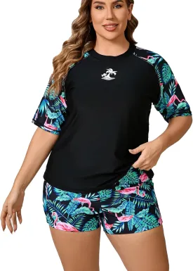 Women's Plus Size Two Piece Short Sleeve Rash Guard Sets with Built in Bra UPF50  Swim Shirt Top and Shorts Women's Plus Size Two Piece Short Sleeve Rash Guard Sets with Built in Bra UPF50  Swim Shirt Top and Shorts