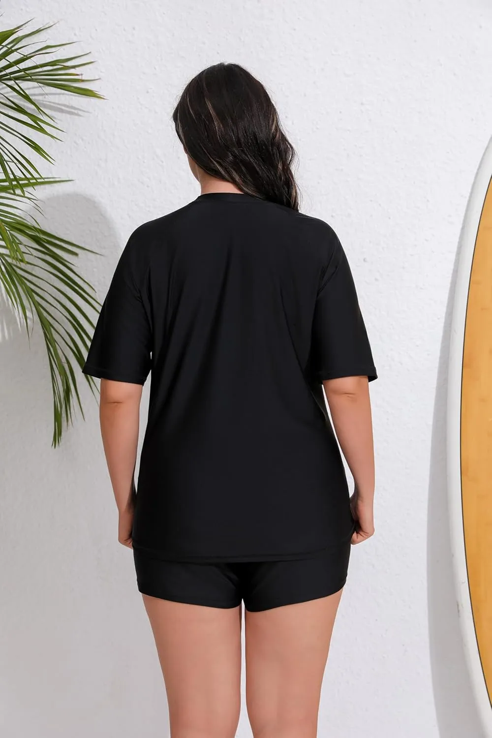 Women's Plus Size Two Piece Short Sleeve Rash Guard Sets with Built in Bra UPF50  Swim Shirt Top and Shorts