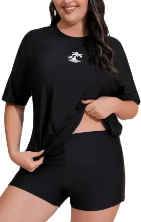 Women's Plus Size Two Piece Short Sleeve Rash Guard Sets with Built in Bra UPF50  Swim Shirt Top and Shorts Women's Plus Size Two Piece Short Sleeve Rash Guard Sets with Built in Bra UPF50  Swim Shirt Top and Shorts