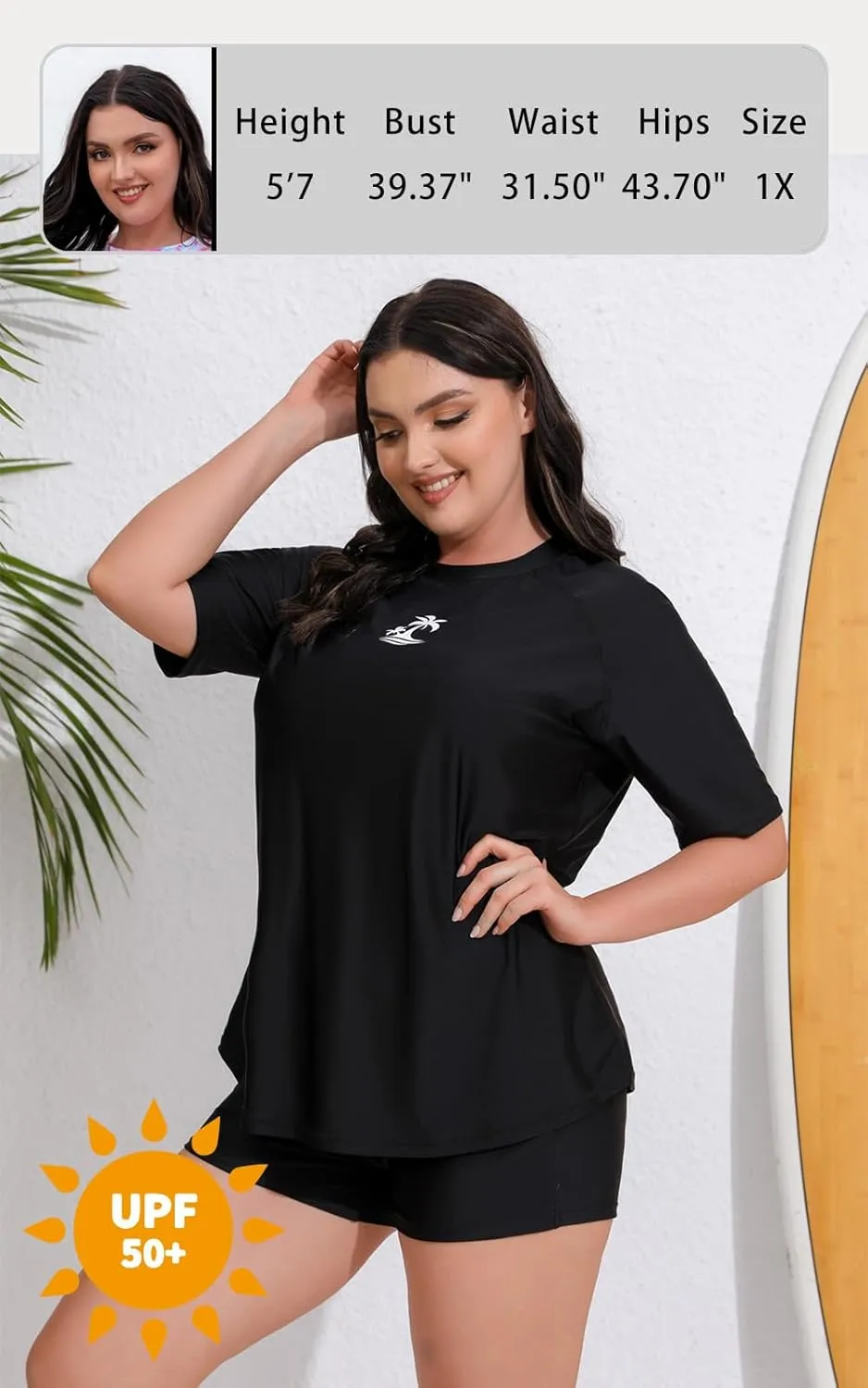 Women's Plus Size Two Piece Short Sleeve Rash Guard Sets with Built in Bra UPF50  Swim Shirt Top and Shorts
