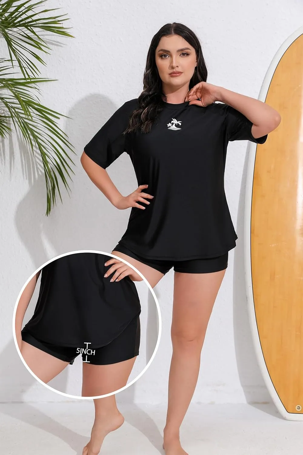 Women's Plus Size Two Piece Short Sleeve Rash Guard Sets with Built in Bra UPF50  Swim Shirt Top and Shorts