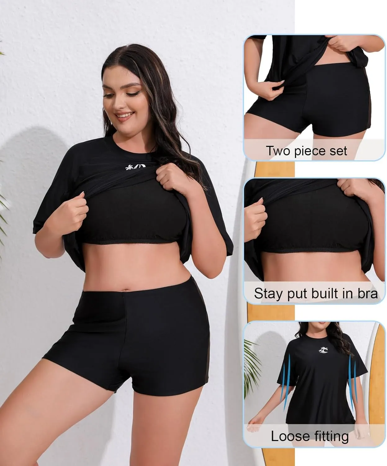 Women's Plus Size Two Piece Short Sleeve Rash Guard Sets with Built in Bra UPF50  Swim Shirt Top and Shorts