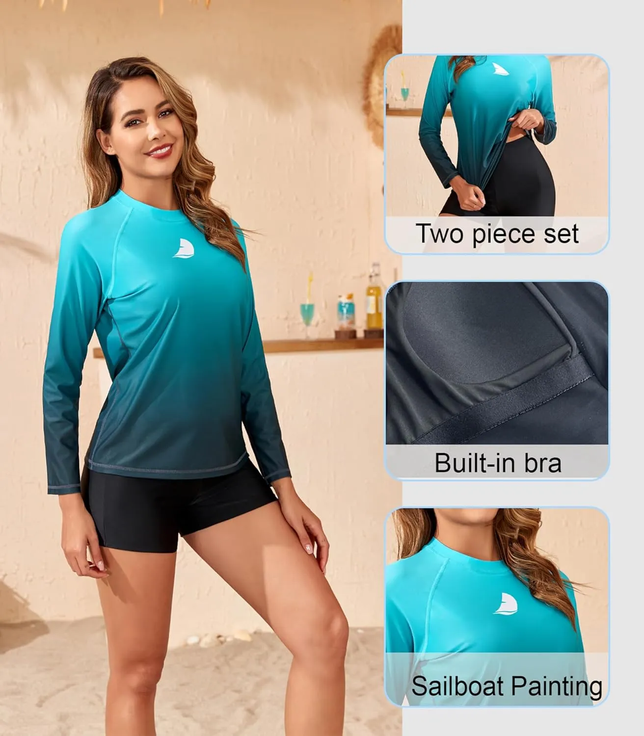 Womens Two Piece Long Sleeve Rash Guard Sets with Built in Bra Swim Shirts and Shorts UPF50  Swimsuit