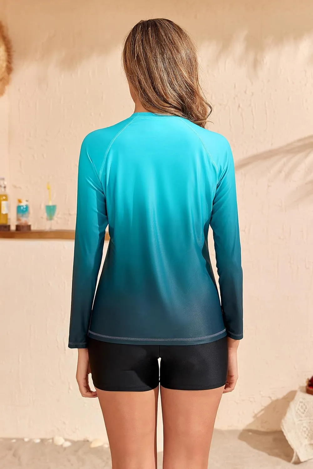 Womens Two Piece Long Sleeve Rash Guard Sets with Built in Bra Swim Shirts and Shorts UPF50  Swimsuit