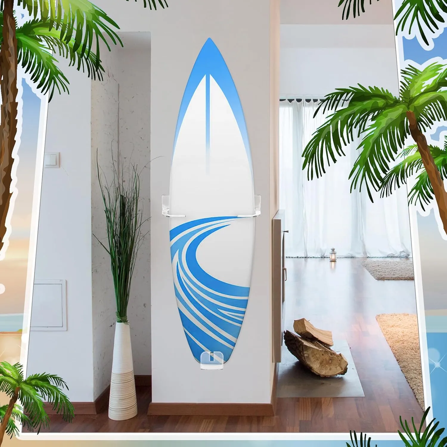 Yousoontic Surfboard Wall Mount Clear Acrylic Surf Board Display Indoor Wall Decor Vertical Surfboard Rack for Shortboards Fish Boards,and Funboards,Holds 50 Lbs